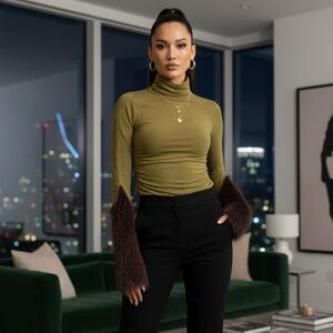 NWOT Vitelli Italy Sz 3 Sz XS Green Cashmere Blend Turtleneck Brown Fluffy Muff